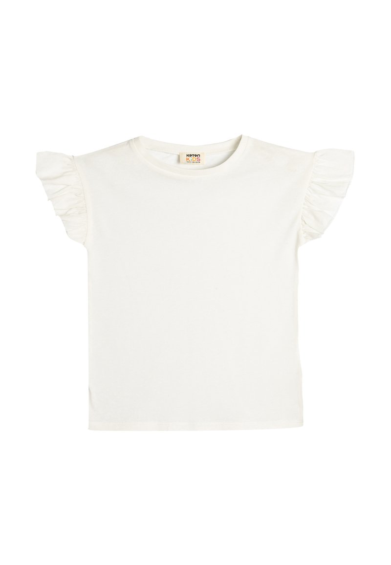 Hvid kortærmet t-shirt med frynsede skulderdetaljer, rund halsudskæring, lavet af blødt bomuld, med enkle, rene linjer og uden grafik.