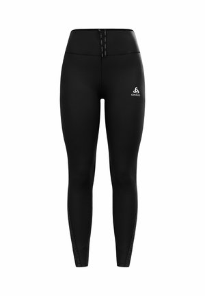 Black leggings with a high waistband, smooth texture, and side mesh accents. Features a white logo on the front near the hip.