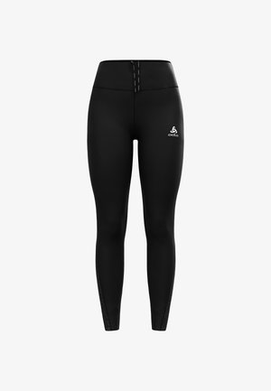 Black leggings with a high waistband, smooth texture, and side mesh accents. Features a white logo on the front near the hip.