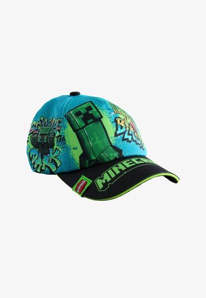 Casquette Minecraft bleue et noire avec un personnage Creeper vert et les textes "Beware the Dark" et "Minecraft" sur la visière.