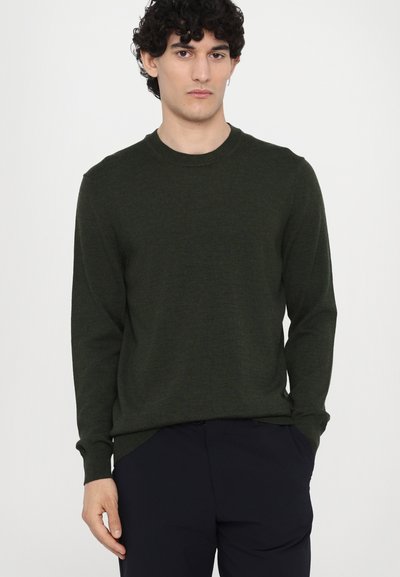 Dunkelgrüner Strickpullover mit Rundhalsausschnitt, langen Ärmeln und gerippten Bündchen, kombiniert mit dunklen Hosen, vor einem schlichten weißen Hintergrund.