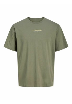 Teenager med krøllet hår iført en olivengrøn "California" t-shirt, vidde, falmede jeans og brune sko, der står mod en ensfarvet baggrund.
