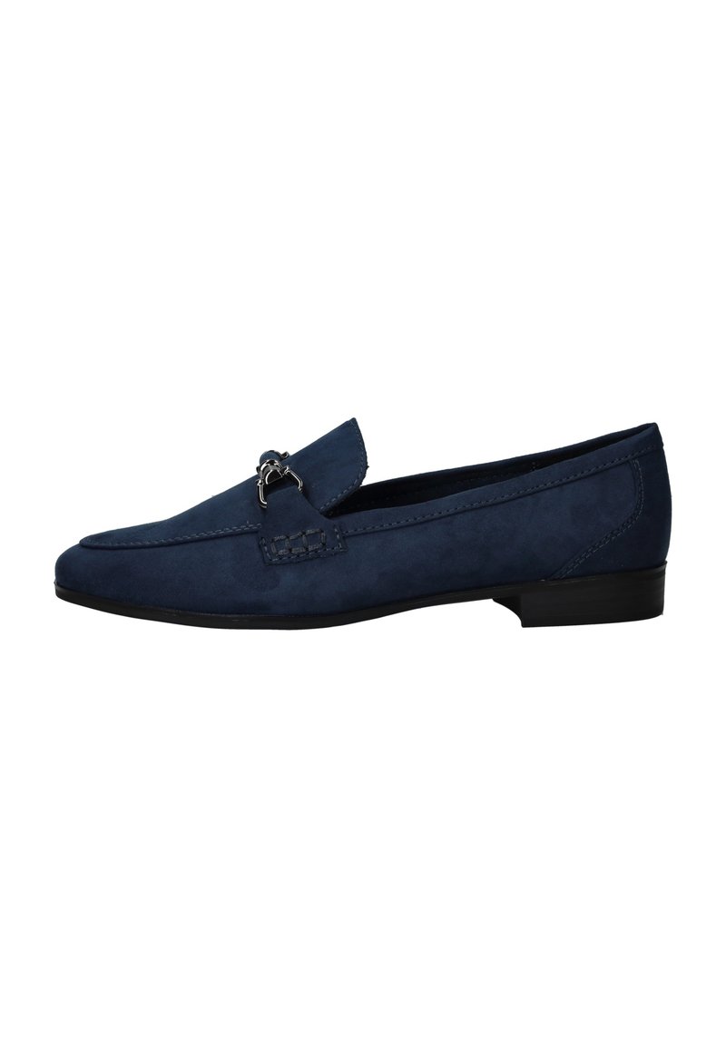 Navy blue suede loafers with a low black heel, featuring a small metallic detail and stitched accents along the upper side.
