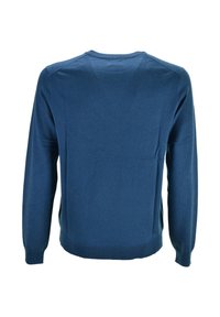 Maglione blue a maniche lunghe con colletto a girocollo, dotato di polsini e orlo a coste, mostrato di spalle su uno sfondo bianco.