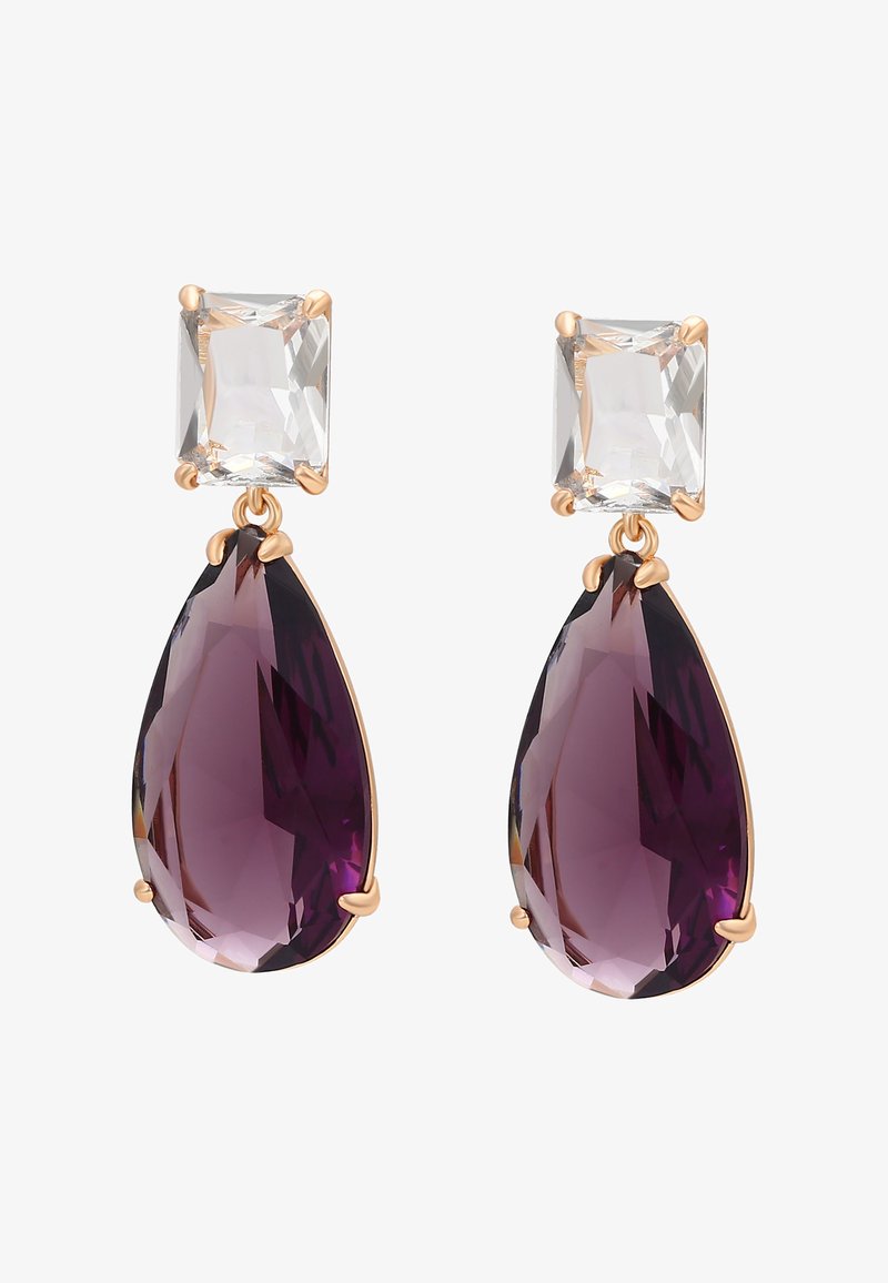 Aukso spalvos pakabukai, kuriuose yra skaidrus stačiakampio formos brangakmenis virš kriaušės formos purpurinio brangakmens, abu užfiksuoti dantų tvirtinime.