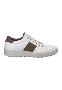 Weißes Leder-Sneaker mit braunen Wildleder-Akzenten, flachen Schnürsenkeln, perforierten Seitendetails und einer grauen Gummisohle. Klassisches Low-Top-Design.