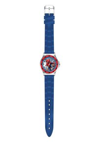 Orologio per bambini con cassa rotonda argentata, cinturino in gomma blu, lunetta rossa e grafica di Spider-Man sul quadrante. Numeri audaci da 1 a 12. Cinturino texturizzato.