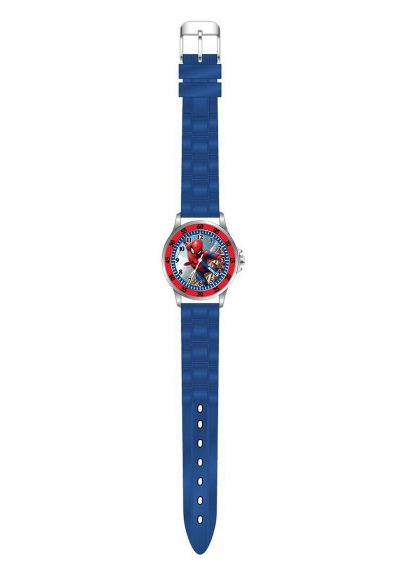 Orologio per bambini con cassa rotonda argentata, cinturino in gomma blu, lunetta rossa e grafica di Spider-Man sul quadrante. Numeri audaci da 1 a 12. Cinturino texturizzato.