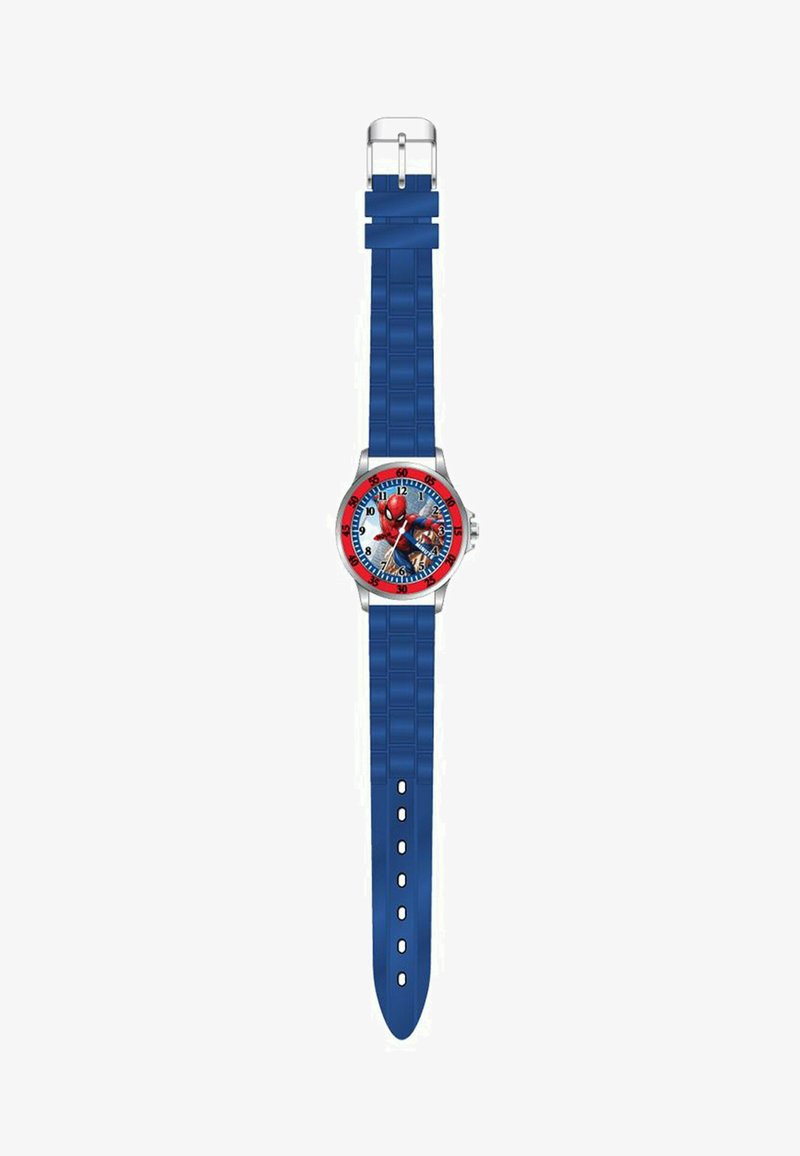 Kinderhorloge met een ronde zilveren kast, blauwe rubberen band, rode bezel en Spider-Man afbeelding op de wijzerplaat. Dikke cijfers van 1-12. Getextureerde band.
