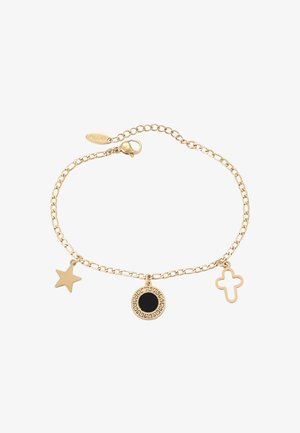 Goldene Kettenarmband mit Stern, rundem, schwarzzentrierten und hohlem Kreuzanhänger auf weißem Hintergrund.