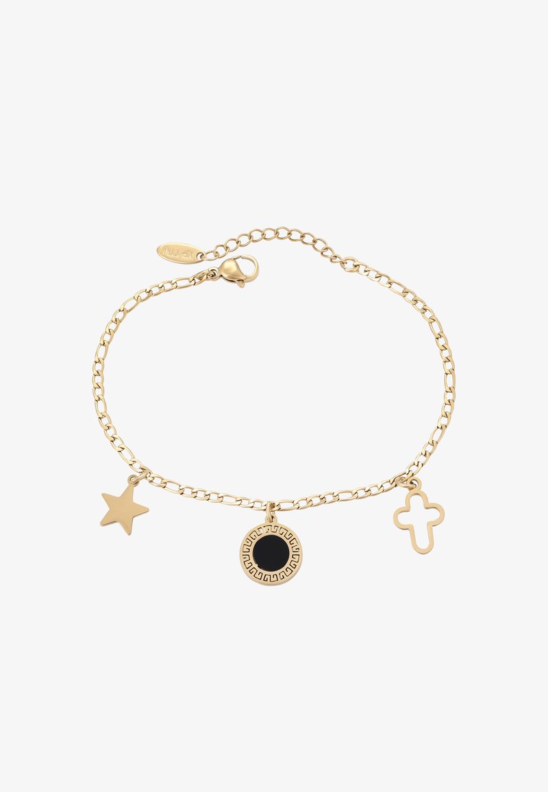 Arany lánc karkötő csillaggal, fekete középpontú kerek és üreges kereszt medálokkal fehér háttéren.