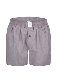 Boxers en coton gris avec une taille élastique, une braguette à un seul bouton et une étiquette à la taille. Texture lisse et design décontracté.