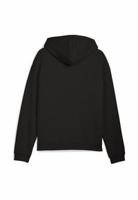 Sort hættetrøje set bagfra, med en stor hætte, lange ærmer samt ribbede manchetter og nederste kant. Enkelt, minimalistisk design.