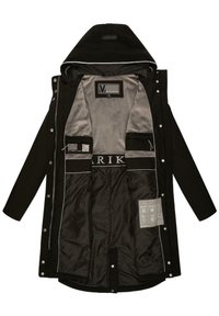 Manteau noir à capuche avec boutons-pression argentés, doublure intérieure grise, multiples poches intérieures et étiquette de marque visible à l'intérieur du col.