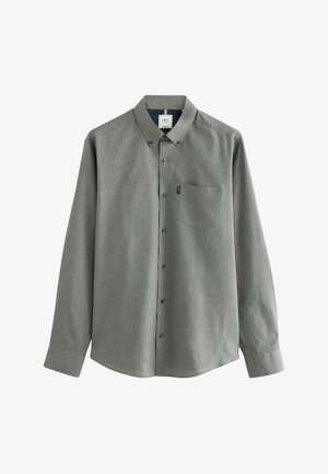 Maglietta grigia a maniche lunghe con colletto button-down, taschino frontale e motivo interno del colletto in contrasto. Texture liscia, vestibilità classica.