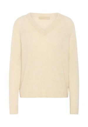 Crème V-hals sweater, gemaakt van zachte brei stof. Heeft lange mouwen, geribbelde manchetten en een relaxte pasvorm. Subtiele textuur door het geheel.