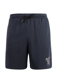 Pantalones cortos de malla azul marino con cintura ajustable mediante cordón, que presentan una textura ventilada y un pequeño logo impreso en dorado en el lateral inferior.