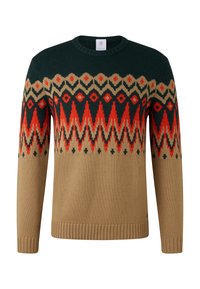 Brown sweater with dark green upper section and red, beige, and black geometric zigzag pattern across chest and sleeves.