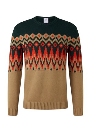 Brun sweater med mørkegrøn overside og et rød, beige og sort geometrisk zigzag-mønster henover brystet og ærmerne.