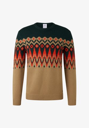 Brown sweater with dark green upper section and red, beige, and black geometric zigzag pattern across chest and sleeves.
