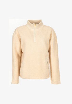 Sudadera de forro polar beige con cuello alto, media cremallera y bolsillos laterales. Textura suave y corte relajado, adecuada para uso casual.