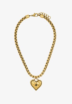 Złoty naszyjnik łańcuszkowy z połączonymi ogniwami, z teksturowanym zawieszką w kształcie serca z akcentem w postaci zielonego kamienia. Regulowany zamek do dopasowania rozmiaru.