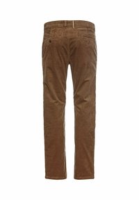 Pantalon en velours côtelé marron avec poches passepoilées à l'arrière, fermeture par bouton sur une poche, et passants pour ceinture, vu de dos sur fond blanc.