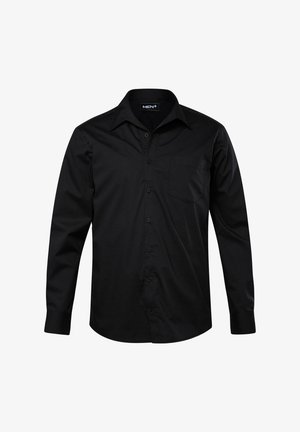 Schwarz, langärmliges Hemd aus glattem Stoff mit Knopfreihe, spitzem Kragen und einer einzigen Brusttasche. Verfügt über eine klassiche Passform und Struktur.