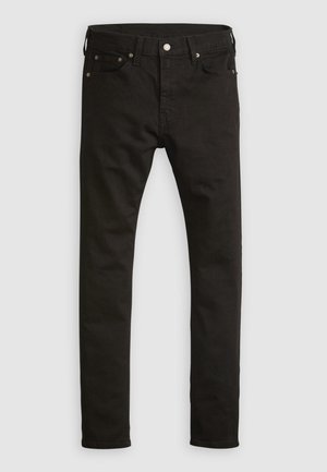 Jean slim noir avec cinq poches et une fermeture par bouton, présenté à plat sur un fond gris clair.
