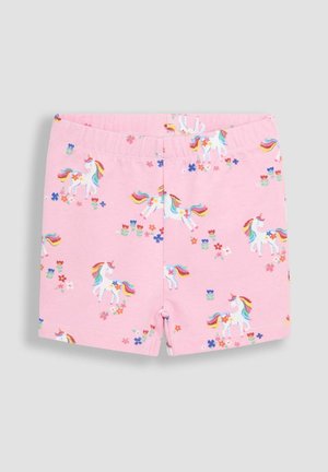 Roosa puuvillast lühikesed püksid, millel on lõbus ükssarvikute muster ja värvilised lilled. Elastne vöökoht, pehme tekstuur ja mugav istuvus.