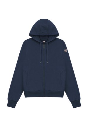 Marineblauer Kapuzenpullover mit Reißverschluss, Fronttaschen, verstellbarer Kordelzugkapuze, gerippten Bündchen und Saum sowie Colmar-Logoaufnäher am linken Ärmel.