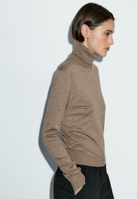 Brązowy sweter typu golf wykonanego z miękkiego materiału. Dopasowany fason z długimi rękawami i ściągaczami. Zestawiony z ciemnymi spodniami.