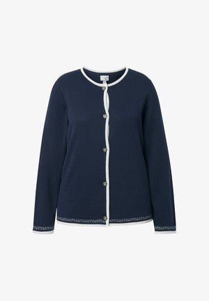 Granatowy kardigan z długimi rękawami, białym wykończeniem i dekoracyjnymi guzikami. Posiada fakturowany materiał oraz wzorzyste akcenty na dole.