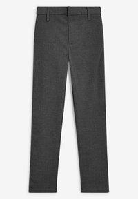 Pantalons gris foncé en tissu lisse, avec une coupe droite, des passants de ceinture et un design à devant plat avec une poche.