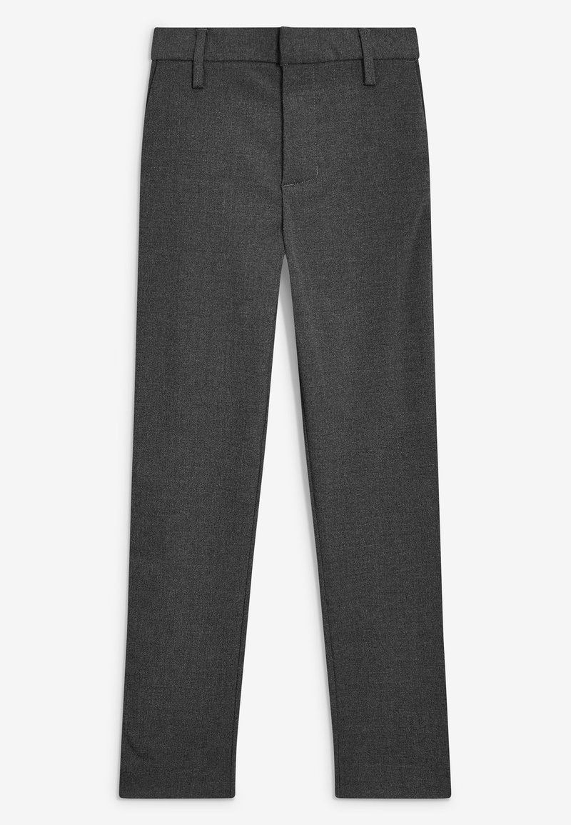 Pantalons gris foncé en tissu lisse, avec une coupe droite, des passants de ceinture et un design à devant plat avec une poche.