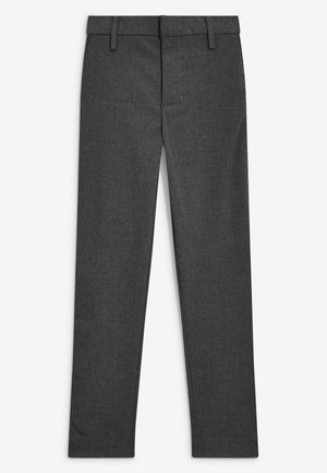 Pantalon formel gris foncé avec passants de ceinture et fermeture éclair à l'avant, présenté à plat sur fond blanc.