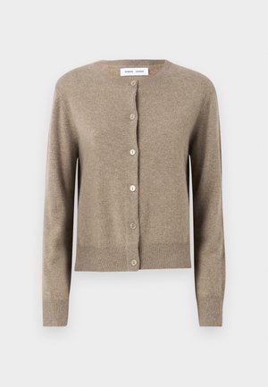 Beige vilnas džemperis ar apaļu kakla izgriezumu, garām piedurknēm un piecām pogām priekšā; ribota apakšmala un aproces. Mīksta tekstūra.