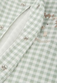 Tela de cuadros vichy verde con cierres a presión plateados, que presenta un interior suave en blanco y detalles bordados de oso.