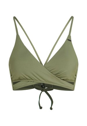 Vrchný diel bikiniek v olivovo zelenej farbe s zavinovacím dizajnom, nastaviteľnými ramienkami a zaväzovaním na chrbte. Vyrobený z hladkej tkaniny s jemnou textúrou.