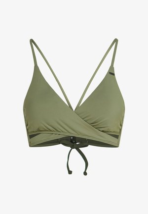 Olívazöld bikini felsőrész átkötős dizájnnal, állítható pántokkal és hátul megkötős zárral. Simogató anyagból készült, puha tapintású.