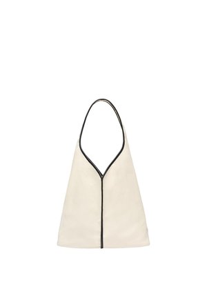 Biała torebka w kształcie trójkąta z szerokim czarnym obszyciem na krawędziach oraz pojedynczą rączką w kształcie pętli.