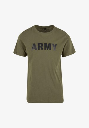 Oliivroheline puuvillane T-särk lühikeste varrukatega, mille esiküljel on julge must "ARMY" trükk. Klassikaline ümmargune kaelus ja mugav lõige.