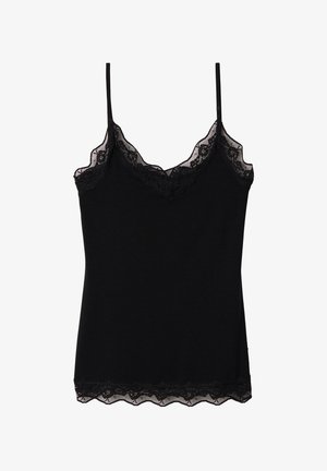 Camiseta negra sin mangas con tirantes ajustables, un borde de encaje con forma de concha a lo largo del escote y el dobladillo, y un diseño ajustado. Confeccionada en una tela suave.