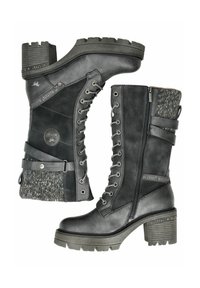 Black leather ankle boots with textured gray wool accent, lace-up front, side zipper, and chunky heel. Durable sole with rugged tread pattern.