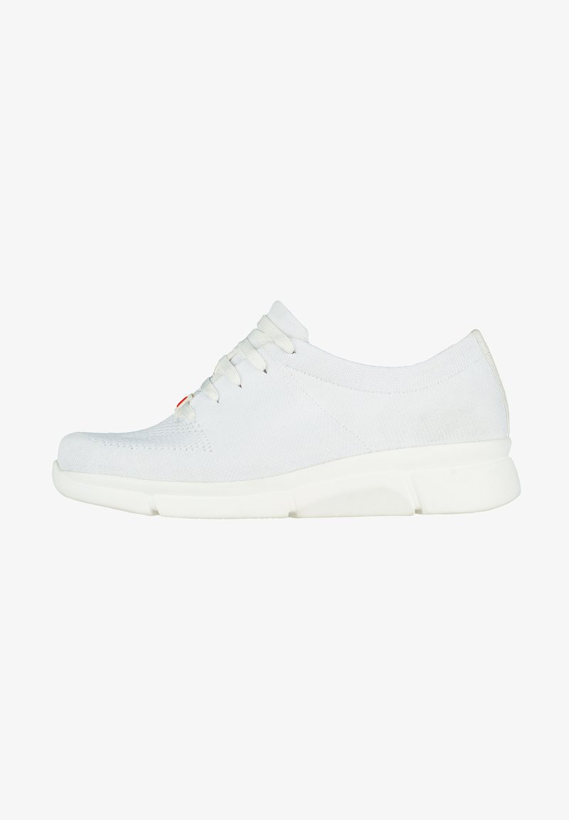 White sneaker with a breathable knit upper, matching laces, and a cushioned white sole. Features minimalistic design and subtle stitching details.