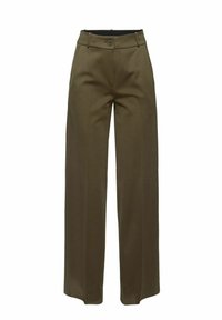 Pantalon large taille haute vert olive avec passants de ceinture, fermeture par bouton et plis devant, présenté sur fond blanc.