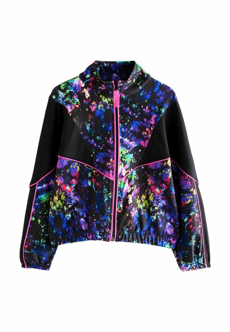 Kleurrijk cropped jasje gemaakt van gladde stof, met een zwarte basis en levendige spetterpatronen in groen, blauw, roze en paarse accenten.