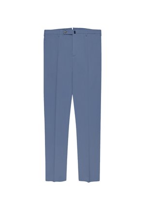 Niebieskie, dopasowane spodnie z szlufkami na pasek, zamkiem błyskawicznym z przodu i zapięciem na guzik, przedstawione na płasko na białym tle.