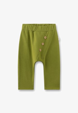 Olive green toddler pants with elastic waistband and three wooden buttons along diagonal seam on front.