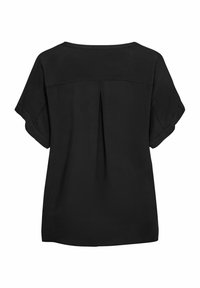 Top corto nero a maniche corte con plissettatura sul retro, tessuto morbido, scollatura tondeggiante e silhouette rilassata.